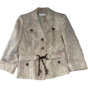 Tahari Arthur S Levine Size 6 Beige Tan Textured Belted Button Front Blazer EUC